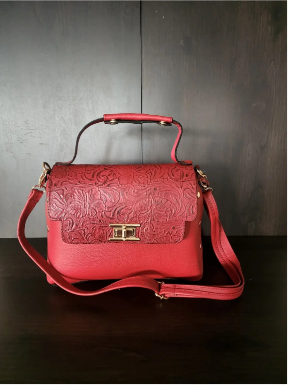 Red Floral Studded Embossed Artisan LEATHER Purse Handbag Crossbody Bag